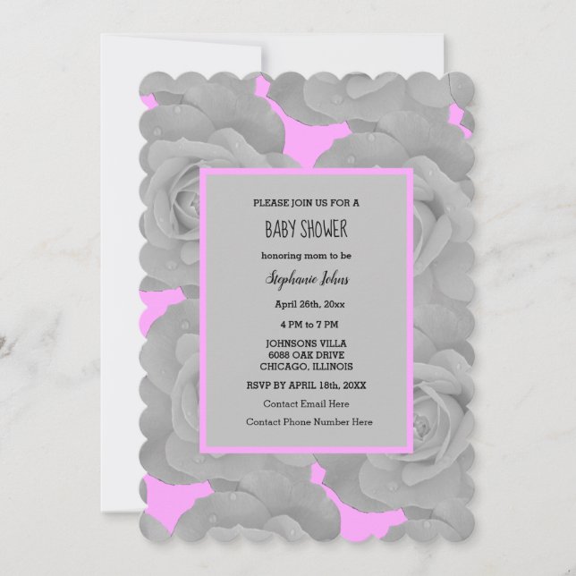 Invitación Rosa Floral Baby Shower Bebé Personalizado Gris Ro (Anverso)