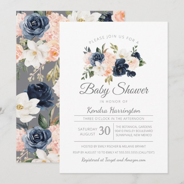Invitación Rosa floral Baby Shower de los azules marinos de (Anverso / Reverso)