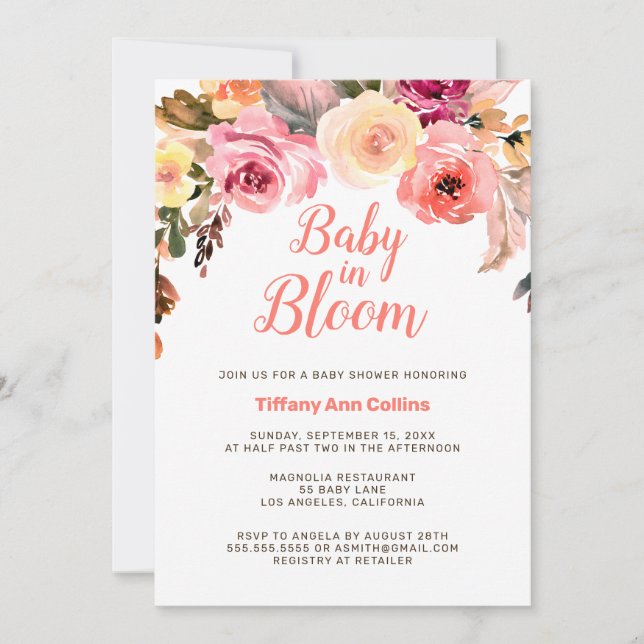 Invitación Rosa floral bebé acuarela en un Baby Shower en flo (Anverso)