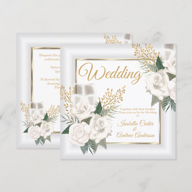 Invitación Rosa Floral Blanco Boda Champán Dorado (Anverso / Reverso)