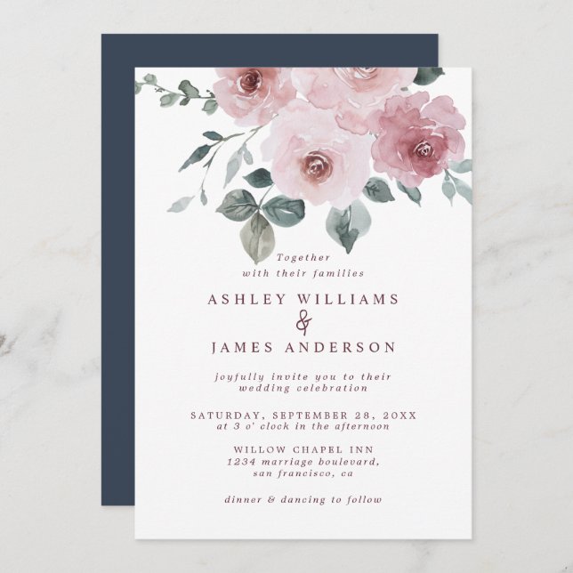 Invitación Rosa floral Boda azul oscuro de Borgoña (Anverso / Reverso)