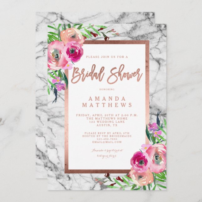 Invitación Rosa floral Boda de mármol dorado ducha de novia (Anverso / Reverso)