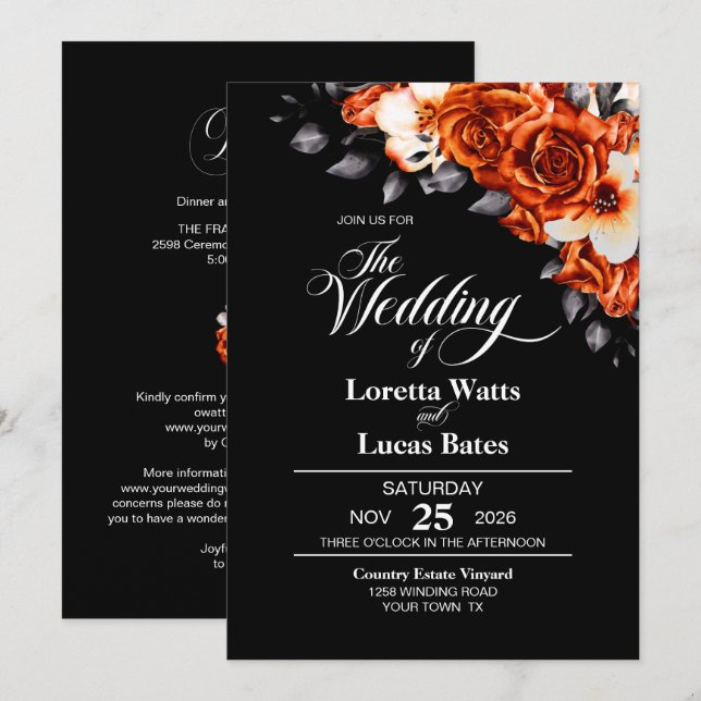Invitación Rosa  Floral Boda Negro De Naranja Quemado (Anverso / Reverso)