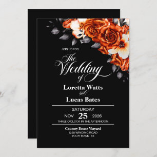 Invitación Rosa  Floral Boda Negro De Naranja Quemado