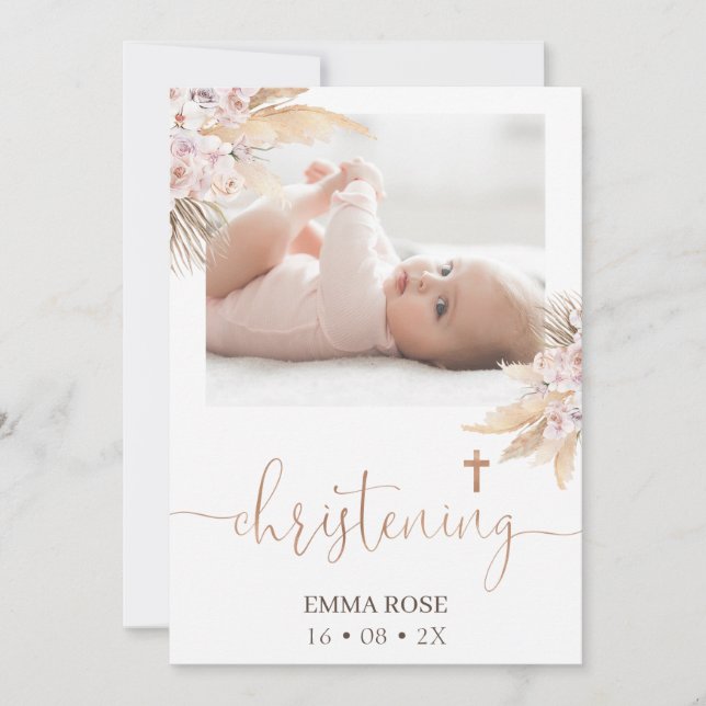 Invitación Rosa floral Boho Caligrafía Foto Christening (Anverso)