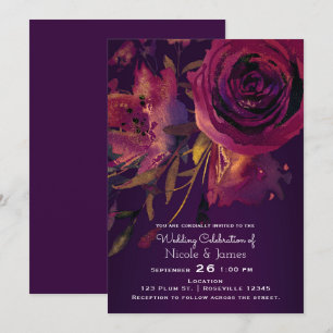 Invitación Rosa floral borgoña Boda audaz morado