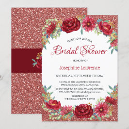 Invitación Rosa floral borgoña Purpurina dorada ducha de novi