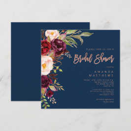 Invitación Rosa floral borgoñona dorada ducha azul de novia