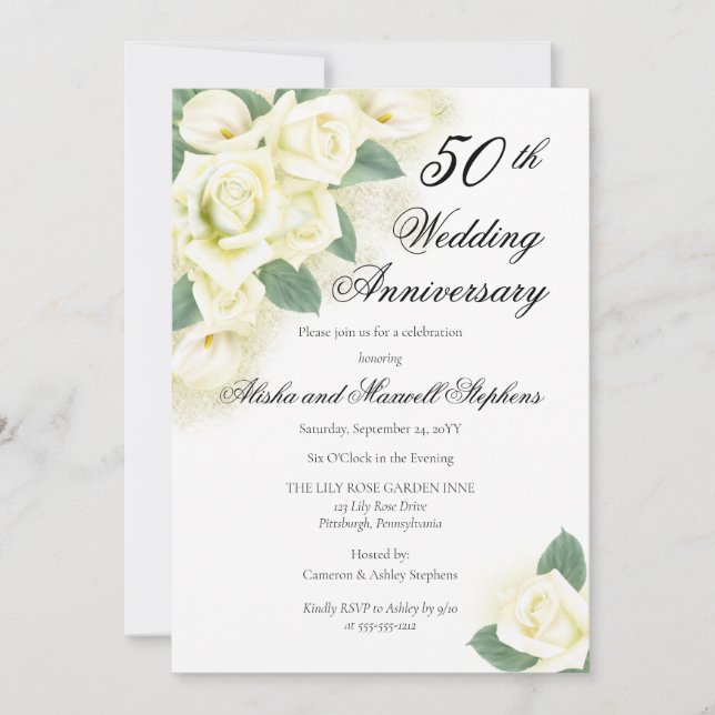 Invitación Rosa Floral Bouquet 50º Boda Fiesta Aniversario (Anverso)