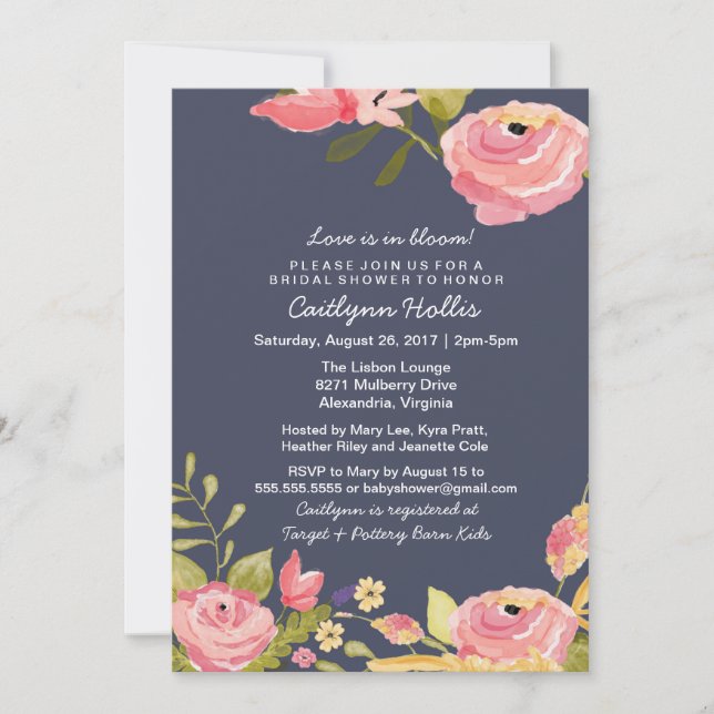 Invitación Rosa floral brillante y bebe naval, novia o cumple (Anverso)