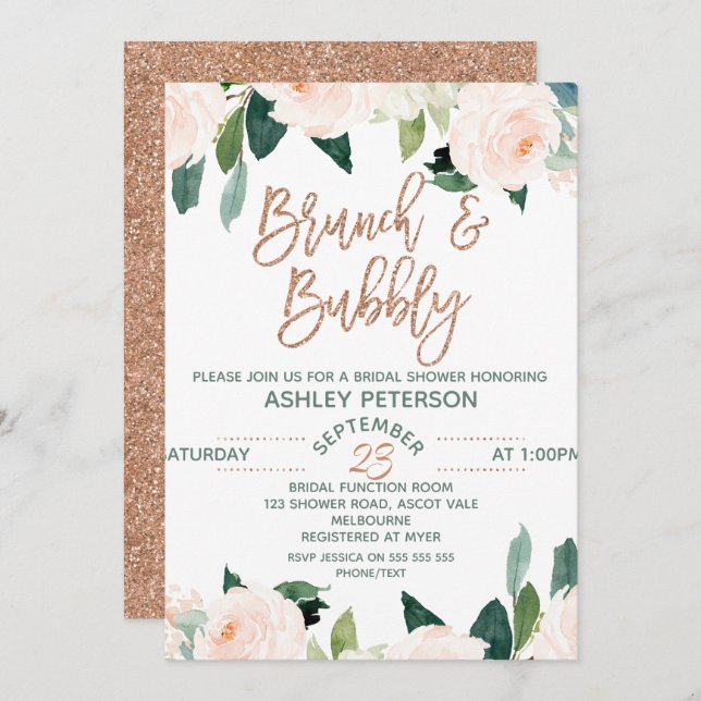 Invitación Rosa Floral Brunch Bubbble Bridal (Anverso / Reverso)