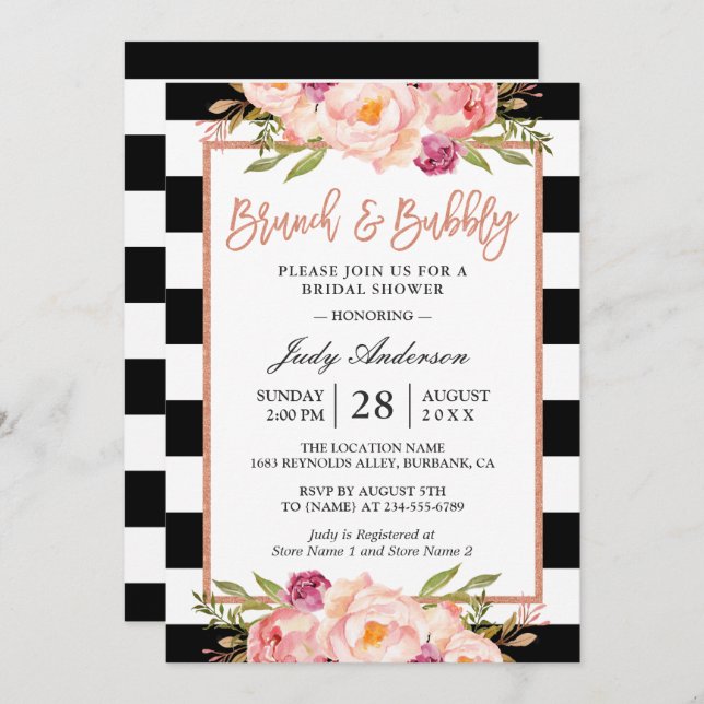 Invitación Rosa floral Brunch de oro y ducha bucal (Anverso / Reverso)
