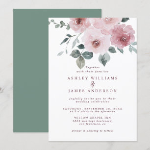 Invitación Rosa floral Burgundy Dusty Green Boda