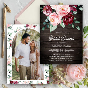 Invitación Rosa Floral Burgundy Foto Madera Desayuno Nupcial