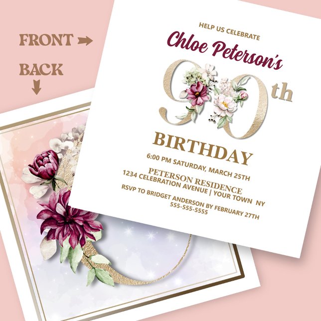 Invitación Rosa Floral C 90th Birthday Party (Subido por el creador)