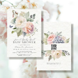 Invitación Rosa Floral Cabaña Jardín Bouquet QR Niña