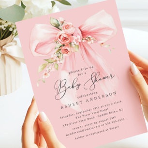 Invitación Rosa Floral Coquette Bow Baby Shower