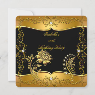 Invitación Rosa Floral Cumpleaños Party 2 Diamante Oro Negro