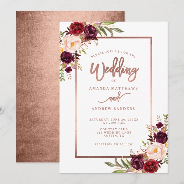 Invitación Rosa floral de Borgoña Boda de guión dorado (Anverso / Reverso)