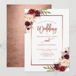 Invitación Rosa floral de Borgoña Boda de guión dorado
