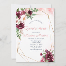 Invitación Rosa floral de Borgoña Gold Quinceañera Cumpleaños