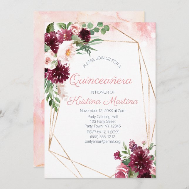 Invitación Rosa floral de Borgoña Gold Quinceañera Cumpleaños (Anverso / Reverso)
