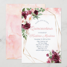 Invitación Rosa floral de Borgoña Gold Quinceañera Cumpleaños
