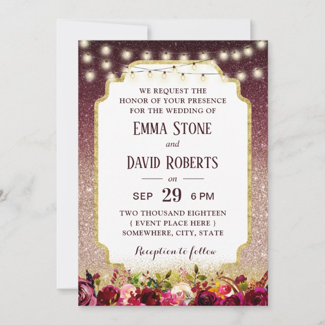 Invitación Rosa floral de Borgoña moderna Ombre Boda (Anverso)