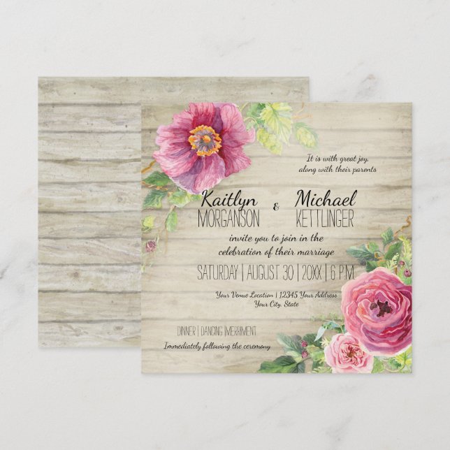 Invitación Rosa floral de cartón de madera rústico Moda de ca (Anverso / Reverso)