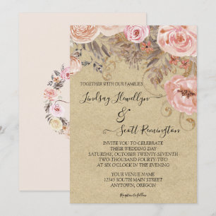 Invitación Rosa floral de color gris color tierra rosa Kraft 