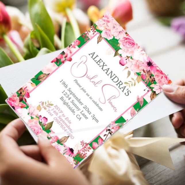 Invitación Rosa floral de ducha de novia banda rosa verde (Subido por el creador)