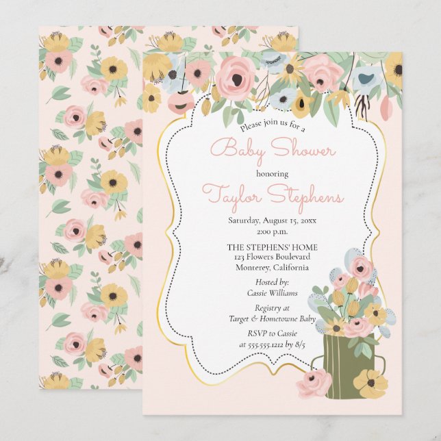 Invitación Rosa floral de jardín | Baby Shower de Bouquet ama (Anverso / Reverso)