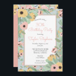 Invitación Rosa floral de jardín| Fiesta de cumpleaños de Bou<br><div class="desc">Para el chica de cumpleaños, aquí hay un ramo floral jardín de estilo Fiesta de cumpleaños número 30 (o cualquier edad) con flores rosas, rosas, azules pálidas y amarillas doradas. La parte delantera presenta una abundancia de flores tanto en el fondo como en el marco para los detalles de tu...</div>