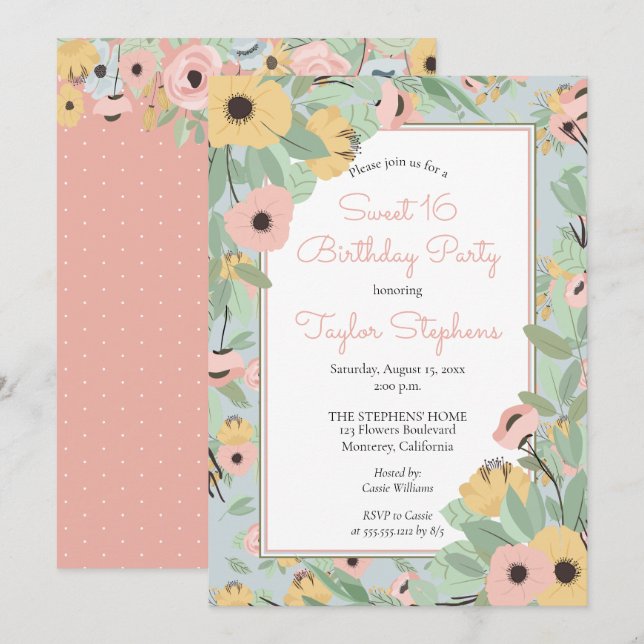 Invitación Rosa floral de jardín | Yellow Bouquet Sweet 16 Fi (Anverso / Reverso)