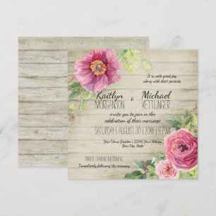 Invitación Rosa floral de madera rústica Moda de país peony