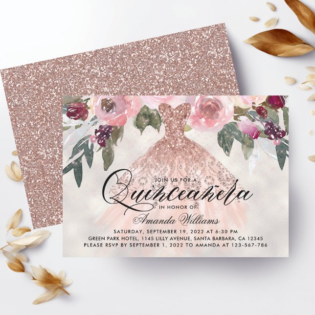 Invitación Rosa floral de moda Gold Gown Quinceañera (Subido por el creador)