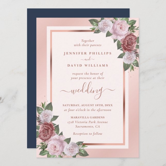 Invitación Rosa floral  de oro Boda Rubor azul (Anverso / Reverso)