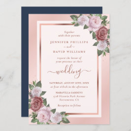 Invitación Rosa floral  de oro Boda Rubor azul