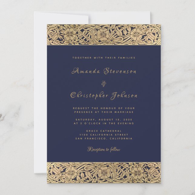 Invitación Rosa floral de oro de la marina azul elegante Boda (Anverso)