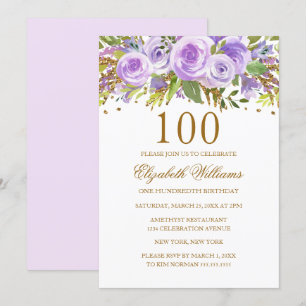 Invitación Rosa Floral de Oro Púrpura Cumpleaños 100
