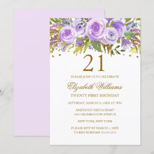 Invitación Rosa Floral de Oro Púrpura Cumpleaños 21