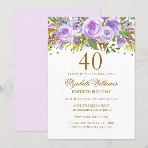 Invitación Rosa Floral de Oro Púrpura Cumpleaños 40
