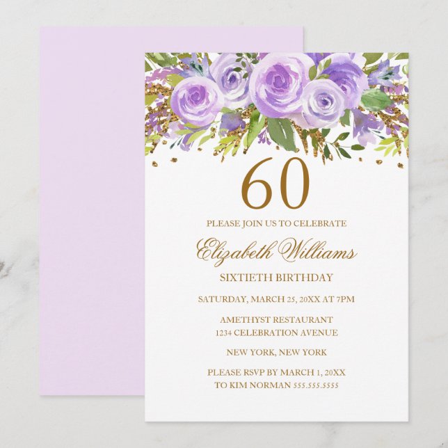 Invitación Rosa Floral de Oro Púrpura Cumpleaños 60 (Anverso / Reverso)