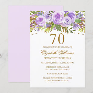 Invitación Rosa Floral de Oro Púrpura Cumpleaños 70