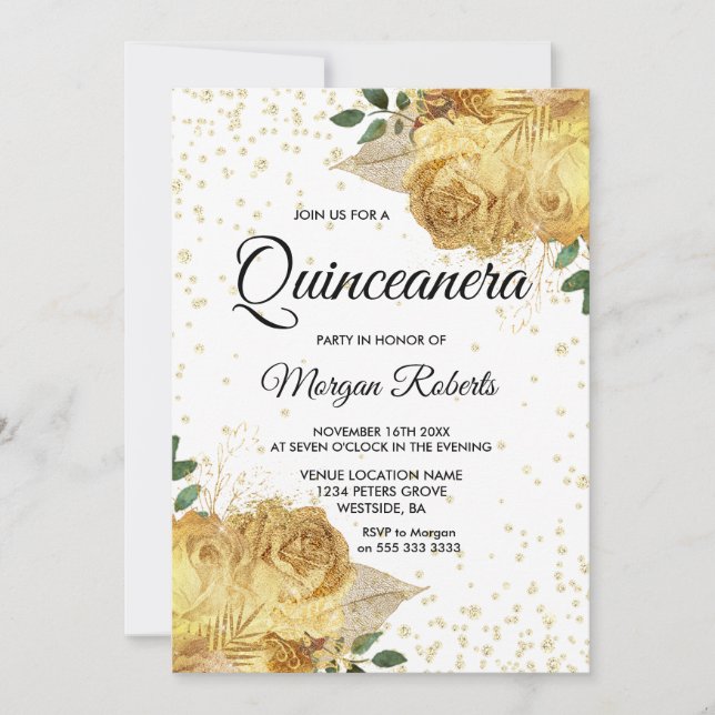 Invitación Rosa floral de oro Quinceanera Fiesta Inite (Anverso)