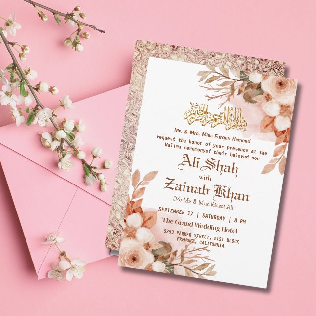 Invitación Rosa Floral de oro Walima Boda islámico (Subido por el creador)