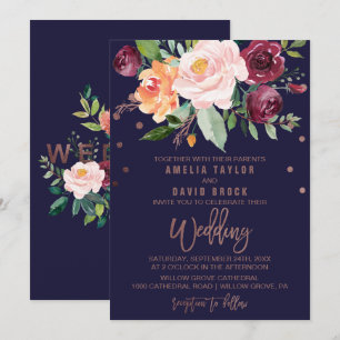 Invitación Rosa floral de otoño tipografía de oro Boda de emb