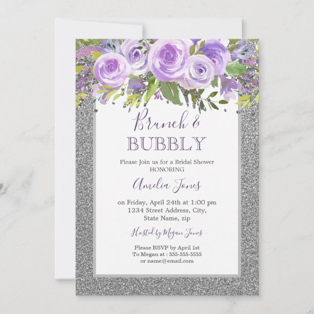 Invitación Rosa Floral De Plata Morada Brunch Y Ducha De Bóve (Anverso)
