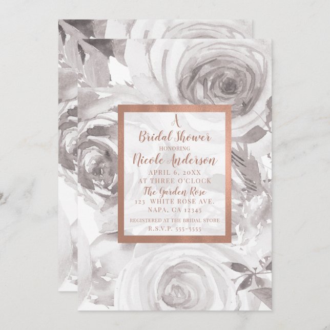 Invitación Rosa floral de rosas blancas Moda moderna ducha de (Anverso / Reverso)