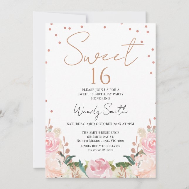 Invitación Rosa Floral de Rubor Boho Gold Sweet 16 Cumpleaños (Anverso)